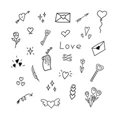 Love Doodle Set With Hearts Envelopes Flowers Stars and Romantic Icons