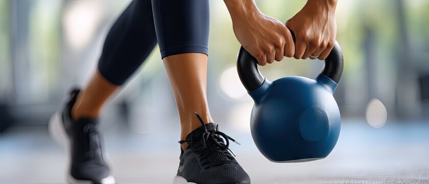 Strong hands lift a blue kettlebell during a fitness workout in a bright gym, demonstrating strength training and physical fitness goals at a morning session