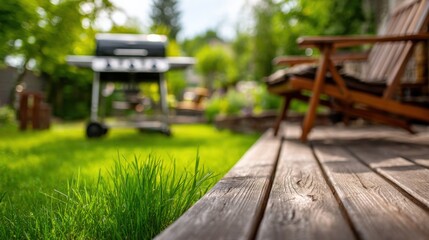 Naklejka premium Backyard barbecue scene with green grass, deck, grill, and chair inviting outdoor lifestyle
