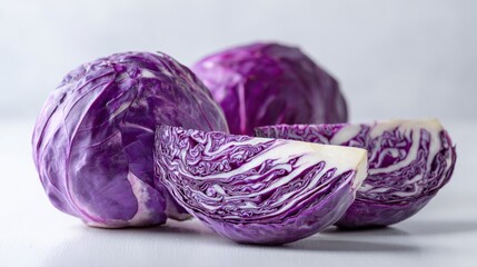 Fototapeta premium Fresh Red Cabbage Still Life: Healthy Vegetable Ingredient for Vegetarian and Vegan Cooking, Nutrient-Rich Food