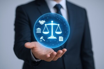 Lawyer Holding Digital Scales of Justice: Legal Concept, Litigation, Arbitration, and Technology in Law Firm