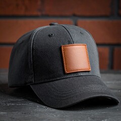Black baseball cap with a plain brown leather patch against a brick background on a gray textured surface
