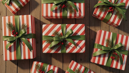 Overhead view of christmas presents wrapped in striped paper with green ribbons