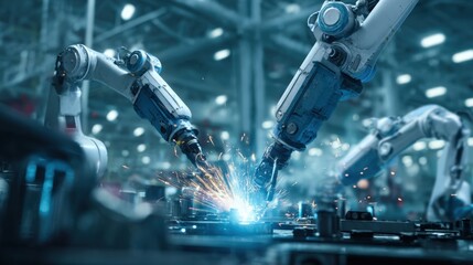 Robotic Arms Welding in Modern Factory: Automation, Precision, and Industrial Technology Manufacturing, Featuring Advanced Robotics