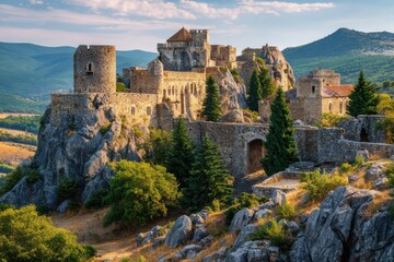 Obraz premium Ancient stone fortress stands majestically in the scenic countryside surrounded by rolling hills and rocky terrain during a calm afternoon