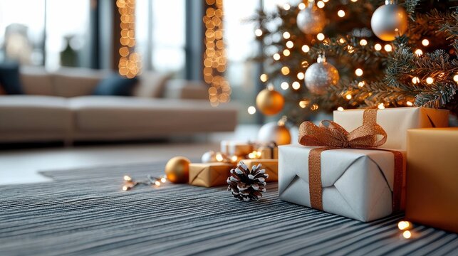 Close-up of wrapped Christmas gifts and decorations under a Christmas tree, with warm lights, creating a cozy indoor holiday scene. - Powered by Adobe