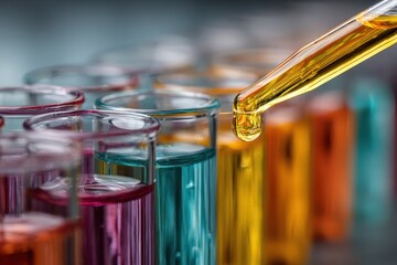 Vibrant closeup of colorful test tubes with liquid pouring into them in a laboratory setting during a scientific experiment