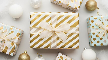 Overhead shot of wrapped gifts and christmas ornaments on a white surface