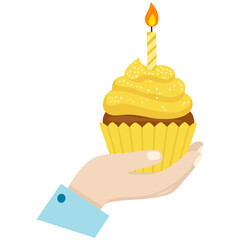 Birthday muffin with candle on hand. Cupcake vector illustration on white background. Homemade baking. Happy Birthday greeting card design element.
