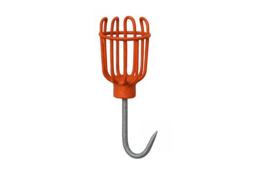 Orange fruit picker tool with metal hook on transparent background