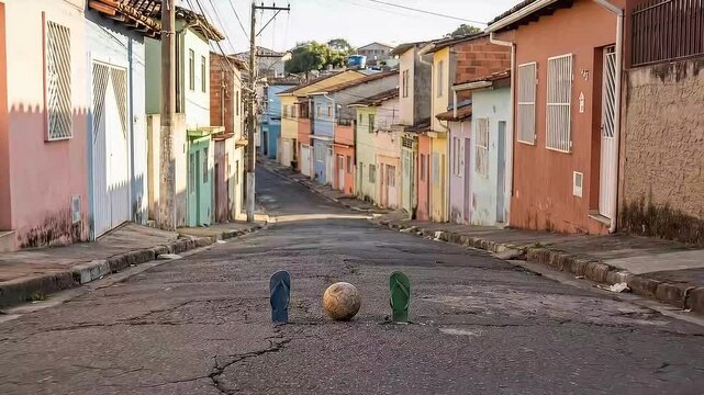Street Football Goal: Old Ball and Flip-Flop Goalposts on a Colorful Brazilian Road