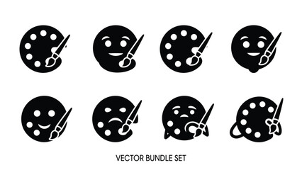 Flat vector illustration bundle of painter's palettes with paintbrushes, showing happy, sad, and neutral emoji like, isolated on white background