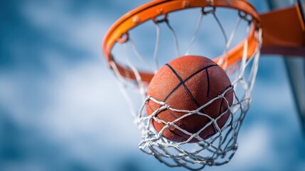 Successful Basketball Shot: Ball Passing Through Net, Close-Up Sports Photography Against Cloudy Blue Sky