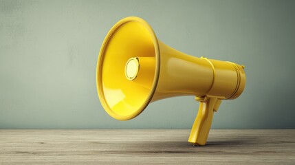 Yellow Megaphone on Wooden Surface: A Symbol of Announcement, Communication and Marketing