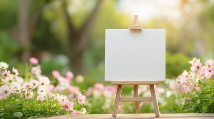 Blank Canvas on Easel in Garden Setting Ready for Painting or Creative Project