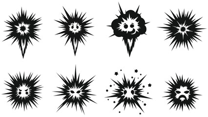 Flat vector illustration of eight black and white radial burst shapes, some with cartoon faces showing happy, sad,, isolated on white background
