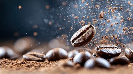 Close-up shot of coffee beans in motion, with scattered coffee powder and a blurred bokeh background, creating a dynamic and artistic composition.