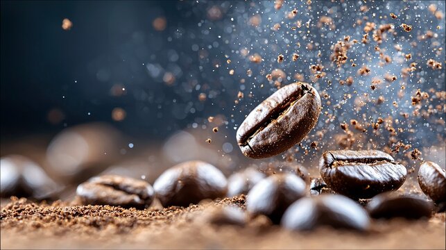 Close-up shot of coffee beans in motion, with scattered coffee powder and a blurred bokeh background, creating a dynamic and artistic composition.
