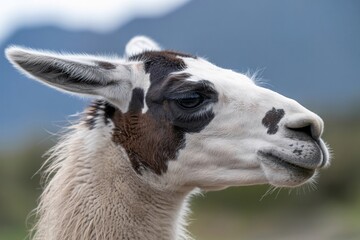 Naklejka premium Close up side profile of a beautiful spotted llama head.