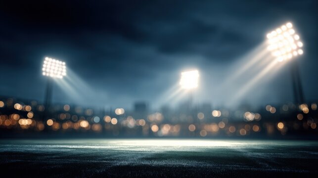Stadium Lights Illuminate Empty Field at Night for Sporting Event Advertisement Background