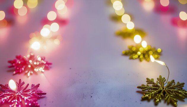Soft glowing holiday lights illuminating delicate snowflakes in gentle festive colors, creating a dreamy winter atmosphere filled with warmth, sparkle and seasonal magic
