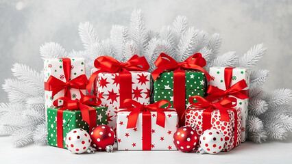 Festive christmas gifts with red ribbons and ornaments against white branches