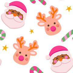 Seamless Christmas pattern with Santa, reindeer and lollipops.