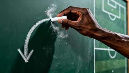 hand drawing football strategy with chalk on blackboard in classroom