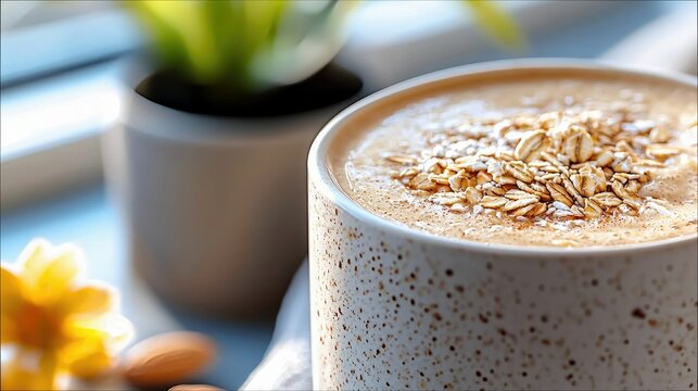 Close-up of a coffee mug topped with oats, sitting on a table with a small potted plant and flower, bathed in morning light. - Powered by Adobe