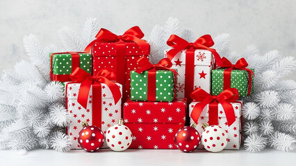 Arrangement of christmas presents with red bows and ornaments on a white surface
