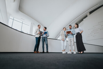 A diverse team of colleagues stands in a sleek, curved architectural space, sharing ideas and reviewing documents on tablets.