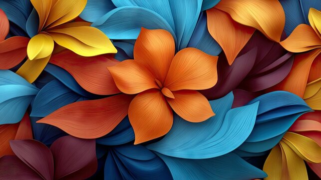 Close-up of a vibrant and colorful abstract floral arrangement, featuring layered petals in various shades of orange, blue, yellow, and purple. - Powered by Adobe