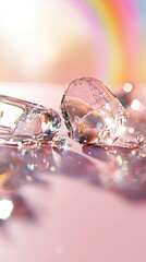 Close-up of sparkling diamonds on a pink surface with a rainbow in the background, illuminated by soft lighting.