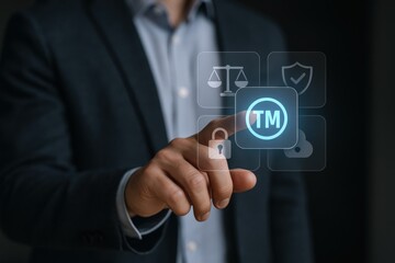 Trademark Protection Concept: Businessman Interacting with Digital Interface Displaying Legal and Security Icons