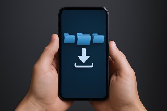 Hands Holding Smartphone with Download Icon and Folders Displayed on a Dark Background