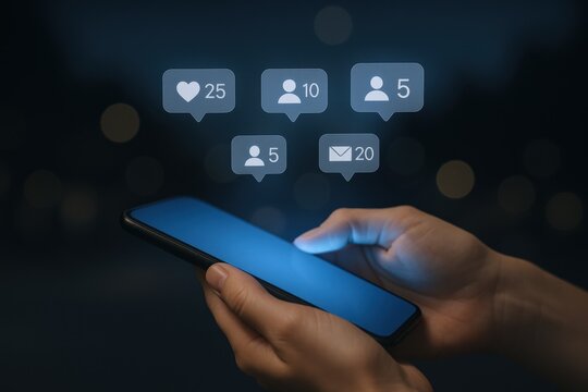 Engaged user using smartphone checking social media notifications, likes, comments, and messages, showcasing mobile technology and digital lifestyle