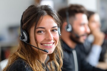 Smiling call center operator engages with customers during work hours in a bright and lively office environment
