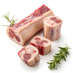 Raw beef bones with marrow cut isolated on a white background presenting fresh meat culinary ingredient for cooking