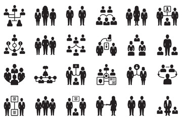 Teamwork and organizational structure silhouette icon collection, Perfect for HR presentations, workflow designs, management visuals and organizational graphics.