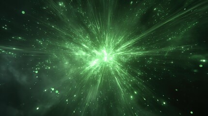 Fototapeta premium Abstract Green Explosion of Light and Energy Background, Particle Burst, Cosmic Ray Illustration