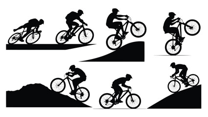 Naklejka premium Dynamic flat vector illustration of male mountain bikers performing various extreme cycling stunts, jumps, and, isolated on white background