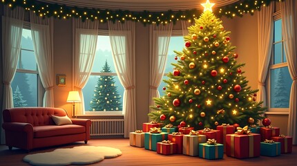 A glowing Christmas tree (star topper, red/gold ornaments) sits amid wrapped gifts in a cozy room; a snow-dusted tree is visible through the window, paired with a red sofa and fairy-lit garland.