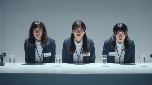 女子大学生が記者会見で頭を下げる姿