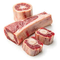 Raw beef bones with marrow cut isolated on a white background presenting fresh meat culinary ingredient for cooking