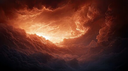 A dramatic cloudscape with fiery orange and red hues, creating an intense and awe-inspiring atmosphere. The clouds are illuminated by a bright light source.