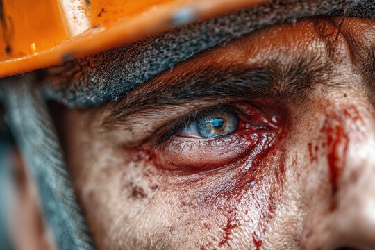 Worker suffers eye injury while performing tasks on construction site during daylight, emphasizing the importance of safety measures