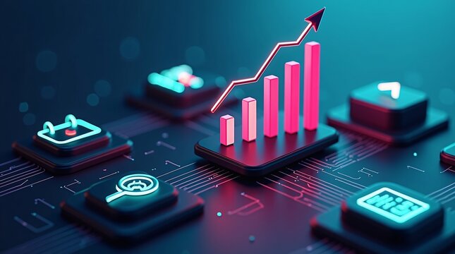 A glowing upward-trending bar graph sits on a circuit board background, surrounded by neon tech icons (calendar, search)—symbolizing data growth in a digital/tech context.