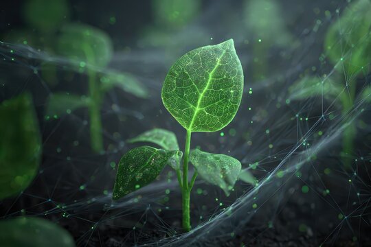 Protecting natures future with a digital shield for green plants in a high-tech environment, showcasing sustainable growth and innovation in agriculture