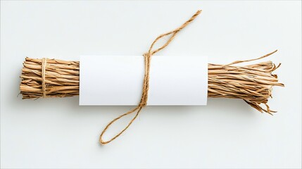 A bundle of dried grass tied with twine, with a blank white card wrapped around it, set against a plain white background. Top-down view.