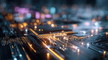 Obraz premium Abstract Circuit Board with Glowing Connections, Illustrating High Technology and Complex System Design
